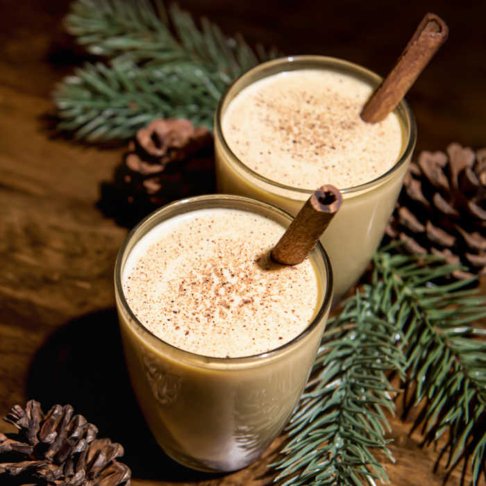 Starbucks Eggnog Latte Recipe - 2 glasses with cinnamon sticks