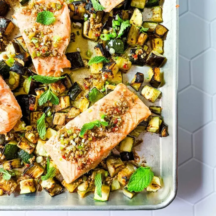 Image for Sheet Pan Salmon with Eggplant, Zucchini and Chili Crisp