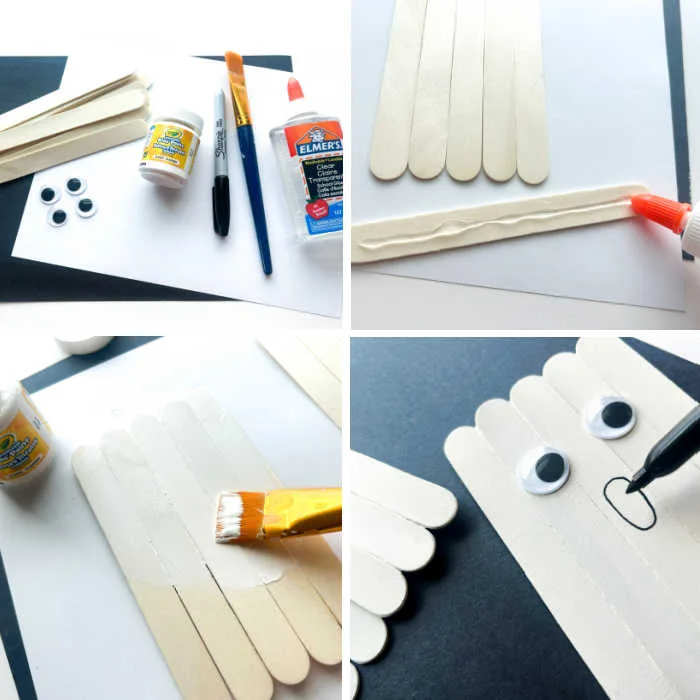 Popsicle Stick Ghost Craft for Halloween in process
