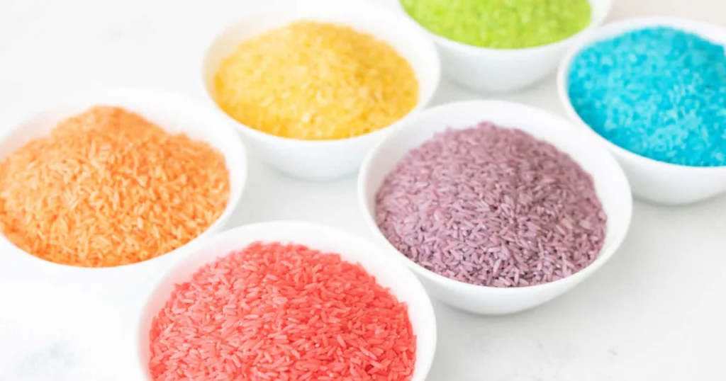 Dyed rice is a simple sensory base that delivers endless play possibilities while keeping prep time low and creativity high.