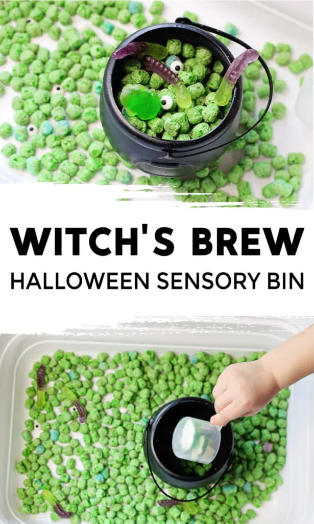 Halloween Sensory Bin fun comes to life with this Witch’s Brew Halloween Sensory Bin, a playful, taste-safe activity that invites kids to scoop, pour, sort and imagine. 