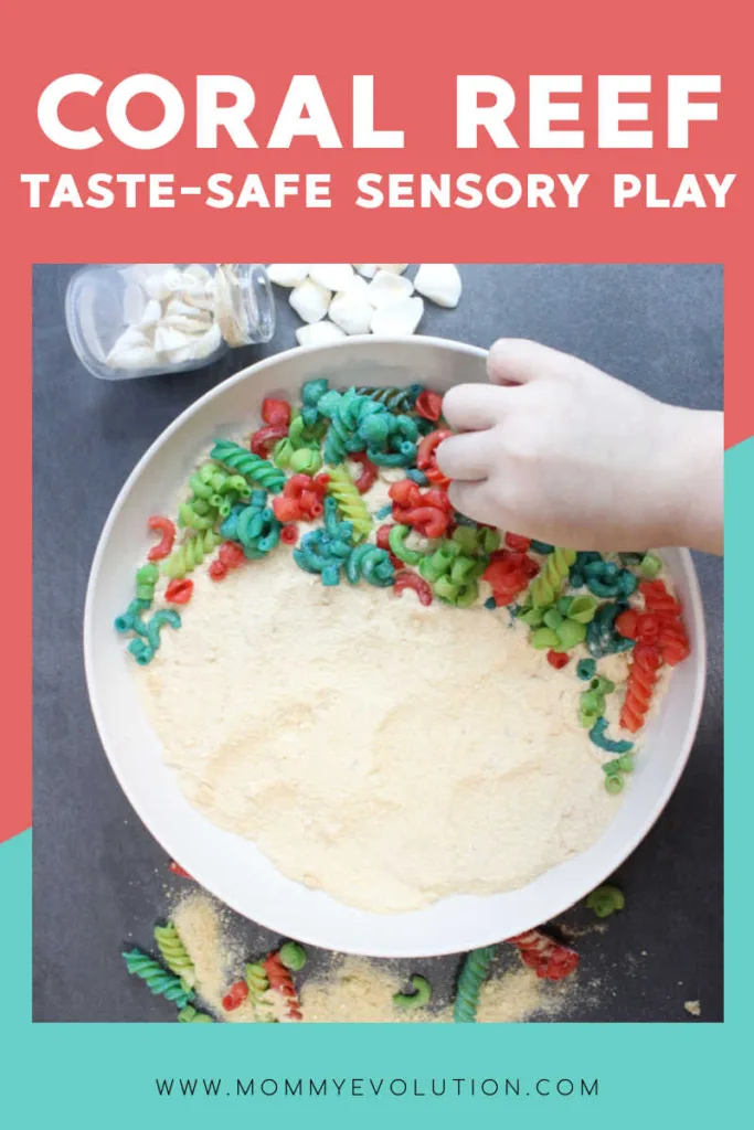 Create safe, hands-on ocean play with this Taste-Safe Coral Reef Sensory Play that uses dyed pasta and crushed cereal to create a colorful underwater world kids love to explore.