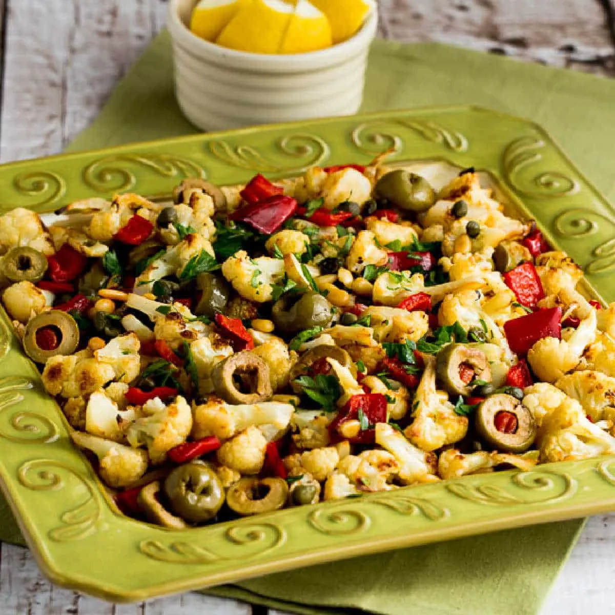 Image for Roasted Cauliflower with Red Peppers, Green Olives, and Pine Nuts
