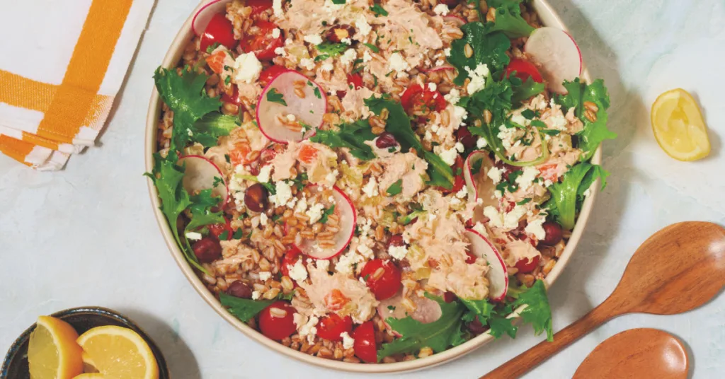 Mediterranean Farro Tuna Salad delivers fresh flavor, satisfying texture and a wholesome, balanced bite in every serving.