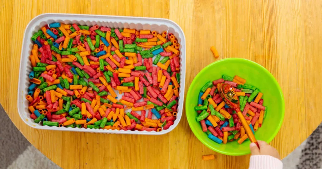 This colorful dyed pasta is easy to prep, fun to explore and perfect for creating inviting sensory play experiences that kids return to again and again.