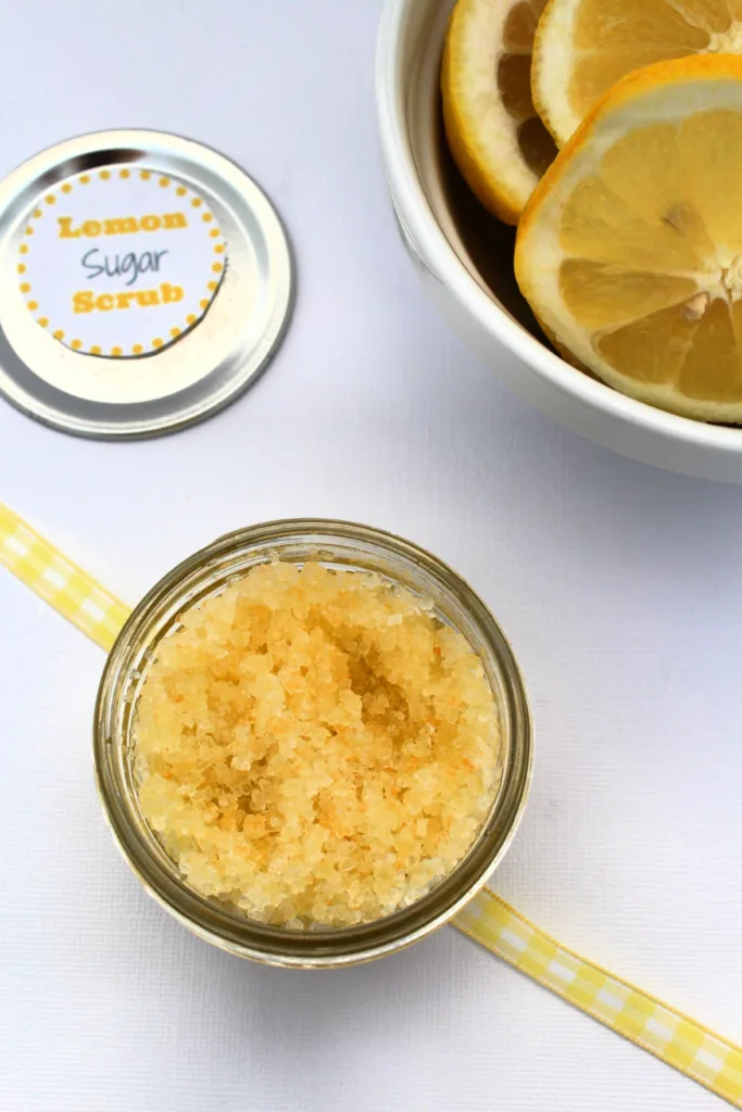 Lemon sugar scrub combines sugar, olive oil and essential oils into a refreshing homemade exfoliating scrub.