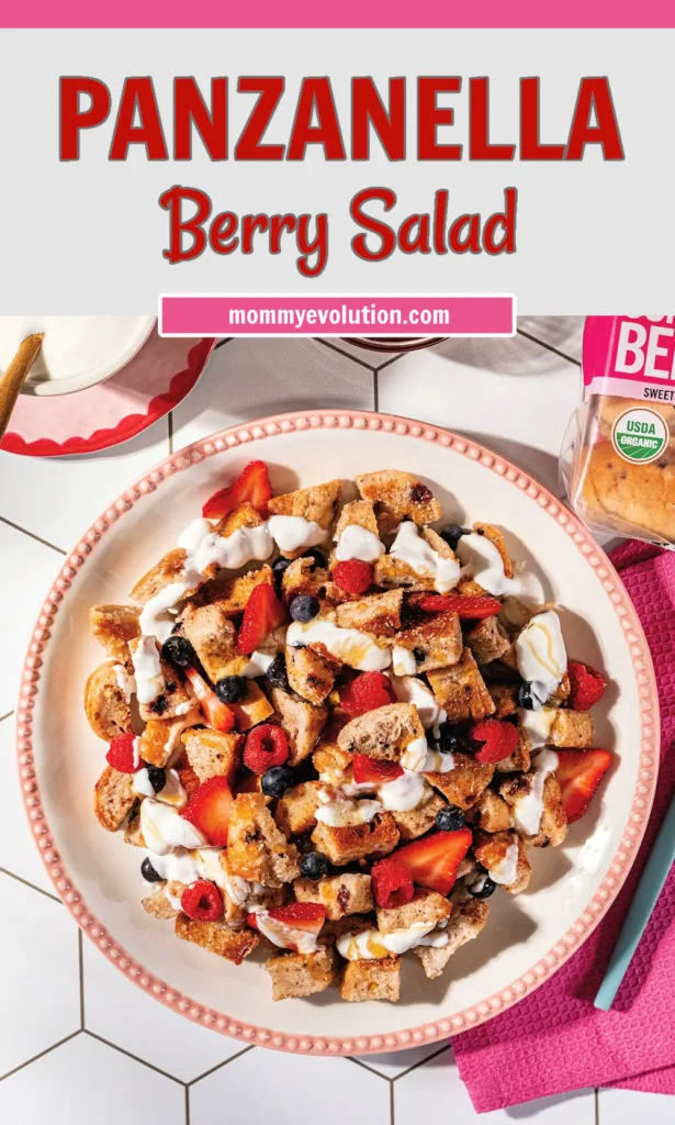 Berry Panzanella Salad combines juicy berries, creamy yogurt and sweet crunchy bagel croutons for a fresh and flavorful twist on the classic bread salad.
This panzanella salad recipe uses Dave’s Killer Bread Summer Berry Bagels to create crisp homemade croutons that pair perfectly with fresh berries and creamy dressing.