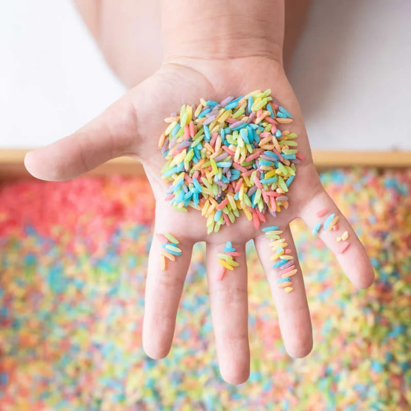 This rainbow rice sensory bin blends visual stimulation, sensory input and fine motor practice into one engaging activity toddlers can enjoy independently or with gentle guidance.