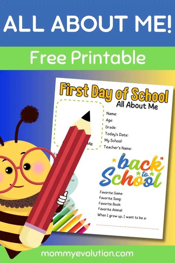 Help children share their personalities, interests, and favorites with this First Day of School All About Me Printable.
This engaging activity gives kids an opportunity to introduce themselves while creating a special keepsake that families and teachers can look back on throughout the school year.
